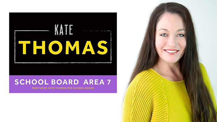 Kate Thomas for RCAS Area 7 School Board and Kate Thomas in a yellow shirt